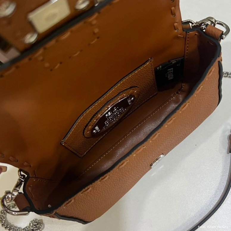 Vintage HOT Brown Mini Romano Leather Bag Selleria Baguette In Fendi Cuoio 0717